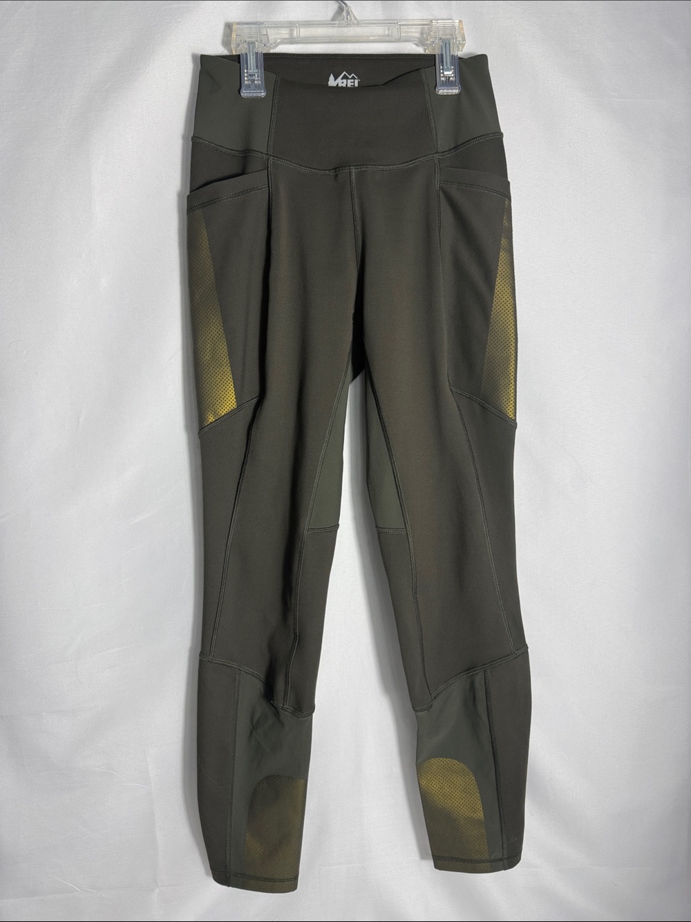 REI Co-op Screenline Hike Tights Olive Green with Yellow Accent Panels Small